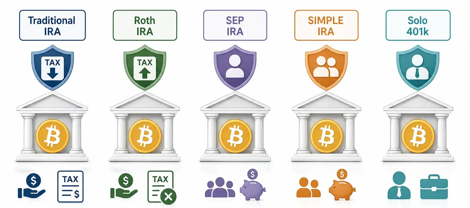 Bitcoin IRA account types Traditional, Roth, SEP, SIMPLE, and Solo 401k
